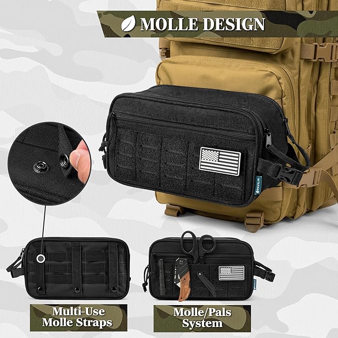 PAVILIA Extra Large Tactical Toiletry Bag for Men, Travel Hygiene Bag, Military Gear Dopp Kit, Molle Accessories Pouch, Shaving Grooming Essentials Gym Bathroom Shower Toiletries Tool EDC, Black XL