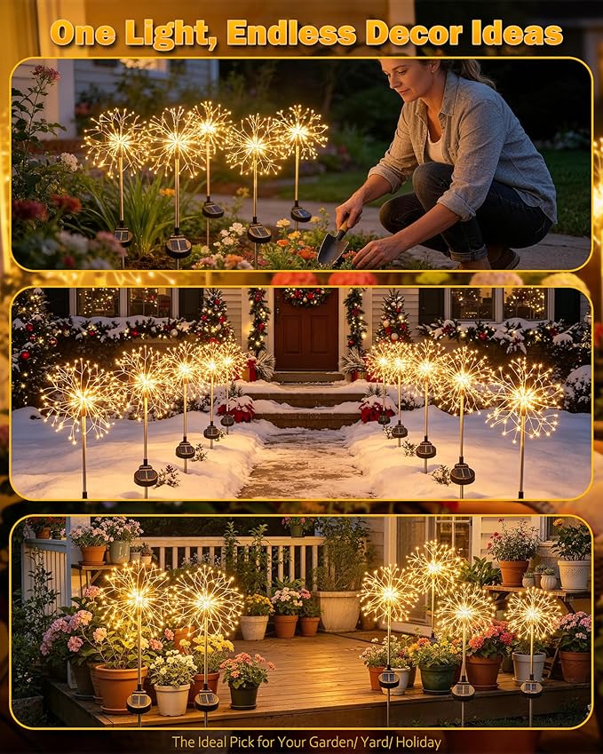 Solar Garden Lights Outdoor Yard Decorations, 8 Pack 150Leds Pathway Lights, Fairy Firework Stake Light for Garden, Patio, Pathway, Flowerbed Gold Color