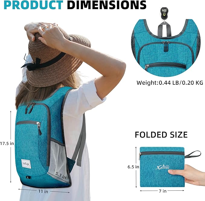 Xgunion Hiking Backpack 10L Small Travel Lightweight Daypack Foldable Hiking Packable Camping Hiking Backpacks for Women Men (Teal Blue)