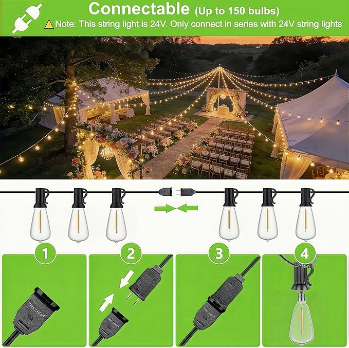 50FT Outdoor String Lights with Remote, Garden Patio Decor with 2500K Warm White, 25+1 LED Edison Bulbs, Support Timer Dimmable Waterproof Shatterproof for Yard Outside Porch Deck Indoor