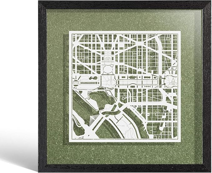 O3 Design Studio Washington D.C. Cut Map Framed, White map, Black Frame, 9x9 inches, Paper Cutting Art Work, Gift Boxed, 4 Background Color, self-Changing, Wall Art