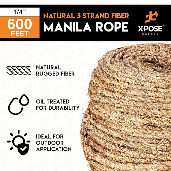 Manila Rope - 1/4 Inch 600' - 3 Strand Cordage Twisted Braided Rope - Thick Natural Fiber for Marine, Decorative for Crafts, Porch Column, Outdoor Pole Wrap, Tree Swing 2 Pack