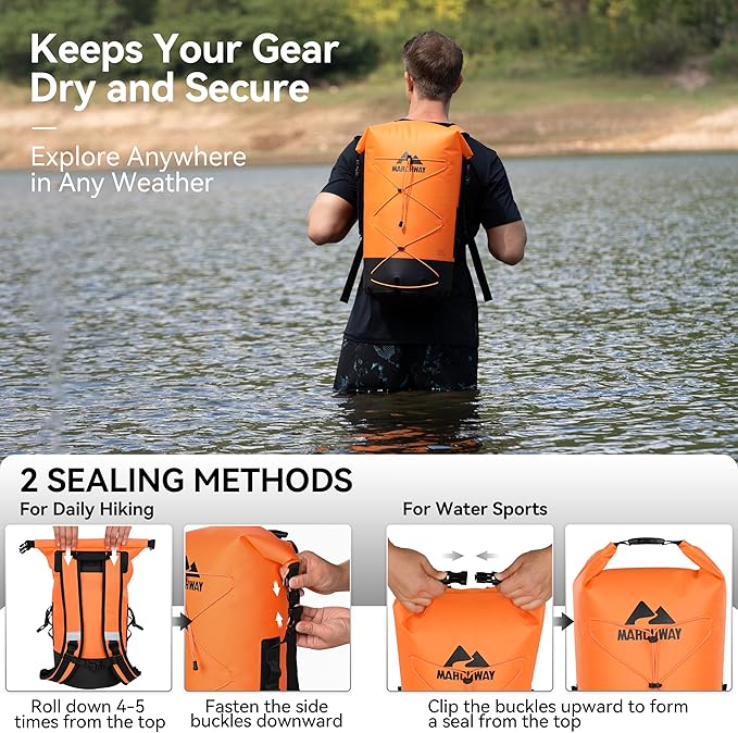 MARCHWAY Floating Roll Top Dry Bag, Flexible Lightweight TPU Waterproof Backpack 20L/30L/40L with Padded Straps for Boating, Kayaking, Swimming, Hiking, Beach (Orange, 30L)