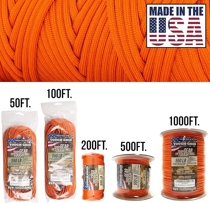 TOUGH-GRID 550 Paracord, Type III Mil-Spec Nylon Rope - 100 Ft Neon Orange Tactical Survival Cord