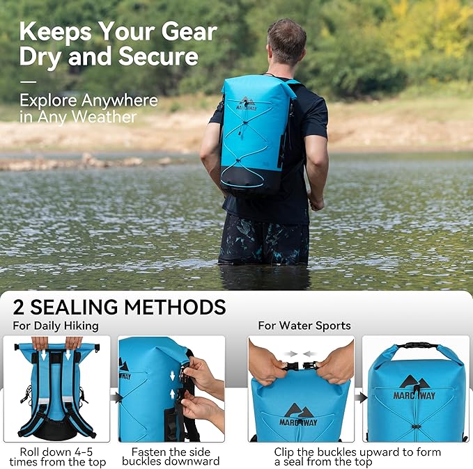 MARCHWAY Floating Roll Top Dry Bag, Flexible Lightweight TPU Waterproof Backpack 20L/30L/40L with Padded Straps for Boating, Kayaking, Swimming, Hiking, Beach (Blue, 20L)