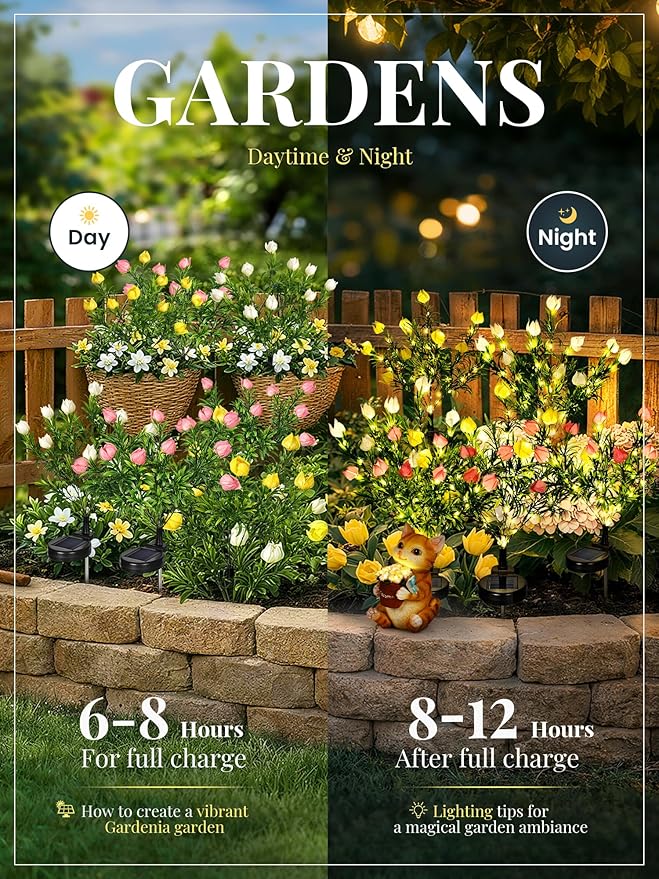 GIGALUMI Solar Garden Lights with Gardenias, 3 Pack LED Garden Decor Carefree Solar Flowers Outdoor Waterproof, Yard Decorations Outdoor, Allergy-Free Light up Flowers for Yard (1white+1yellow+1pink)