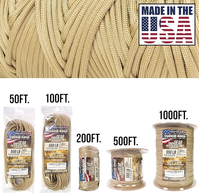 TOUGH-GRID 550 Paracord, Type III Mil-Spec Nylon Rope - 200 Ft Buckskin Tactical Survival Cord