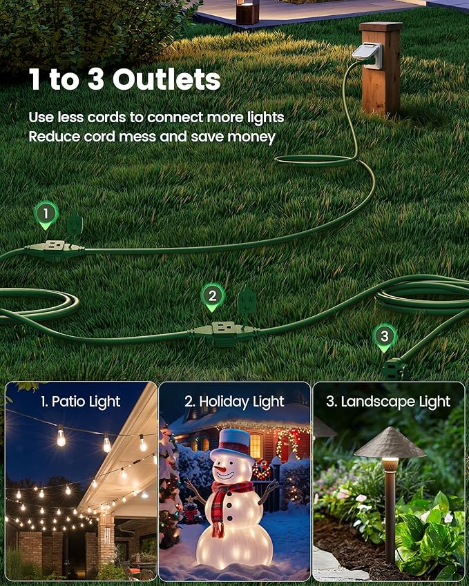SURAIELEC 2 Pack 25 FT Outdoor Extension Cord with Multiple Outlets, 3 Outlet Multi Plug Cord, 16/3 Gauge SJTW, Weatherproof for Landscape, Christmas Tree Lights, Halloween, Holiday Decoration, Green