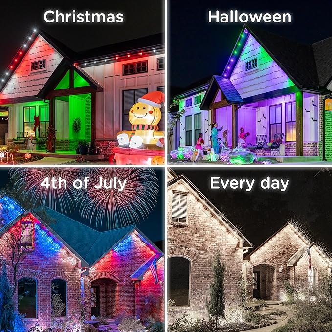 Enbrighten Vibe Eternity Permanent Outdoor Lights for House, 100 Feet, 72 RGBWIC LEDs, Close Spacing, 33lm, Color Changing, Christmas, Eave Lighting, Smart App, Works with Alexa, Google Home, 82730