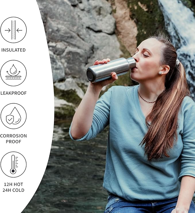 Bambaw Metal Insulated Water Bottle 16 oz, Stainless Steel Water Bottle Insulated, Reusable, Keeps Drinks Cold for 24h Cold & Hot for 12h, With Wide Mouth That Fits Tea Balls (Natural Steel)