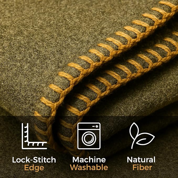 Wool Camping Blanket 10-Pack - 70% Wool Heavy-Duty Military Style Throw, Warm & Washable, Fire Retardant Cover for Emergency, Survival & Outdoor Use - For Camping, Car, Home & Hiking, Olive 66x90