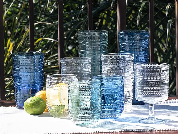 Beaded 14 oz Durable Acrylic Wine Glasses, Shatter-Resistant and Dishwasher-Safe Indoor/Outdoor Drinkware, Glass for Wine, Sangria, and Spritzers - Cobalt Blue - Set of 6