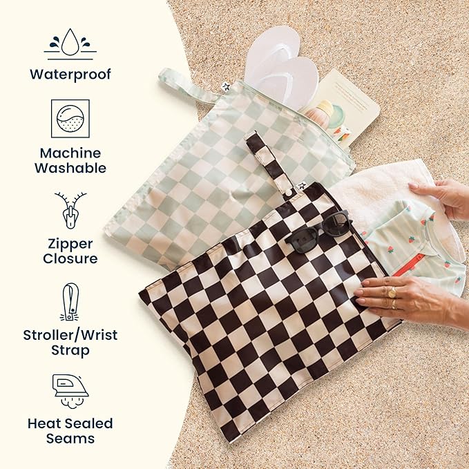 Tiny Twinkle Mess Proof Wet Bags | 2-Pack Reusable Waterproof Wet Bags for Swimsuits | Baby Clothes | Travel & Diaper Bag (Pink Palm, Peacock)