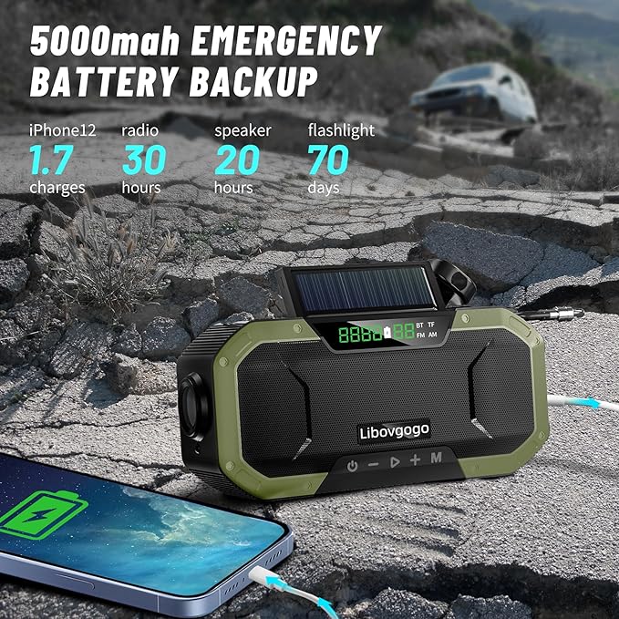 Emergency Radio Waterproof Bluetooth Speaker,Portable AM FM Radio with Flashlight,Reading Lamp,Hand Crank NOAA Weather Radio with Solar Panel,5000mAh/18500mWh Cell Phone Charger,Emergency Survival Kit