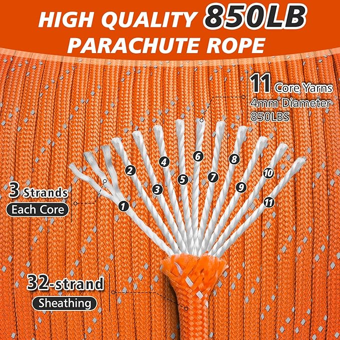 Reflective Paracord Rope 850Ib, 50/100/200/500/1000ft 4MM 11 Strand Strong Heavy-Duty Parachute Spool Cord, para Cord Lanyard for Hammock, Camping, Hiking and Survival, Orange 500FT