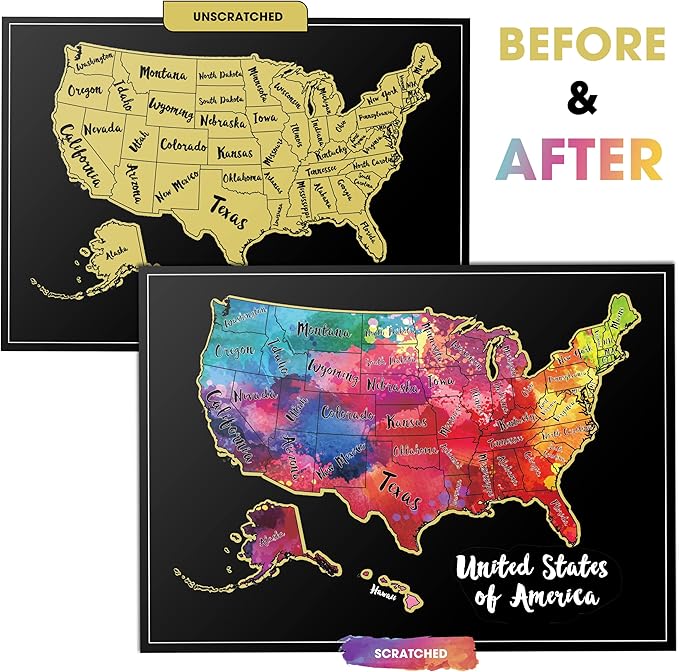 TRAVELISIMO Scratch Off Map of The United States, 12x17 inch Scratch USA with 25 Unique Accessories & Colorful Design, Perfect Scratch Map of United States for Travel, 50 States Travel Tracker