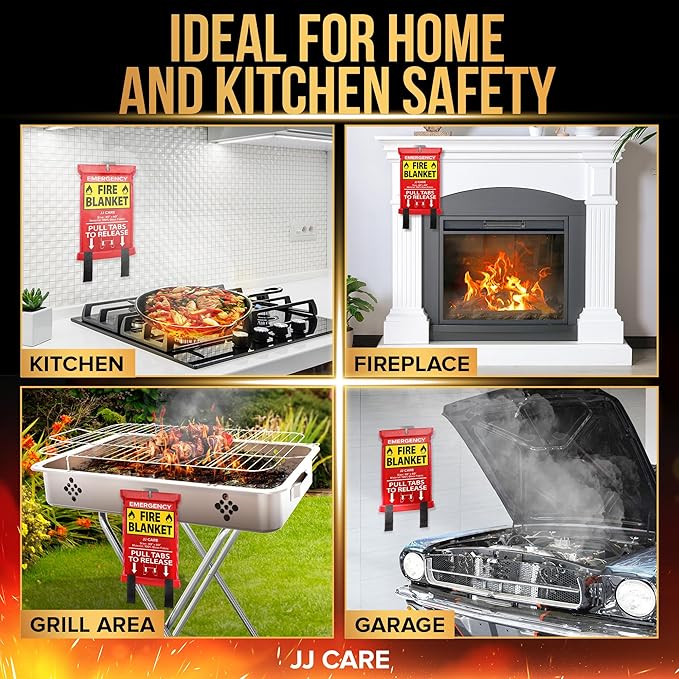 JJ CARE Fire Blanket – 10 Packs with Hooks – 40" x 40" Emergency Fire Blanket for Home & Kitchen, High Heat Resistant Fire Suppression Blankets for Home Safety, Kitchen, and Camping