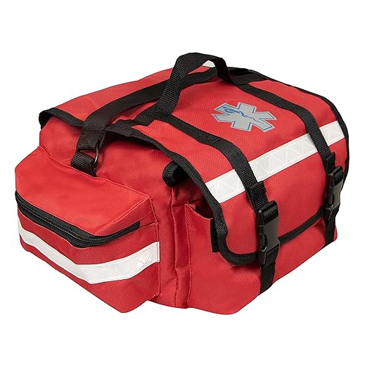 Primacare KB-RO74-R First Responder Trauma Bag, 17" x 9" x 7", Red — EMT/EMS Medical Supply Organizer with Padded Dividers, Multiple Compartments, Side Pockets, Reflective Strip, Durable Design