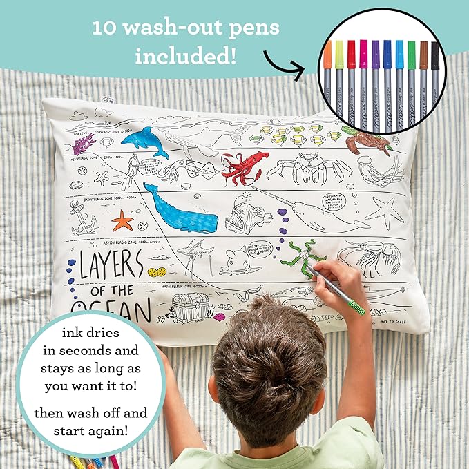 eatsleepdoodle - Coloring Pillowcase for Kids – Reusable DIY Pillow Cover with Washable Markers, Educational Arts & Crafts Activity for Boys & Girls, Fun Gift for Creative Play, Machine Washable