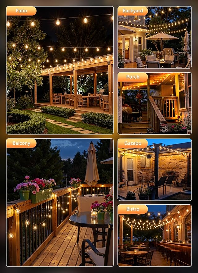 Brightown Outdoor String Lights, 152FT Shatterproof LED Patio Lights with 48 Dimmable Plastic G40 Bulbs, 2700K Waterproof Connectable Hanging String for Backyard, Cafe, Porch, Deck, Home Decor