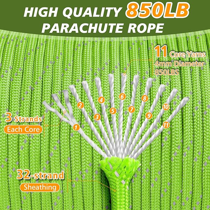 850Ib Reflective Paracord Rope, 50/100/200/500/1000ft 4MM 11 Strand Parachute Spool Cord, Paracord Lanyard String for Tent, Camping, Hiking, Fishing, Survival Bracelet, Neon Green 1000FT