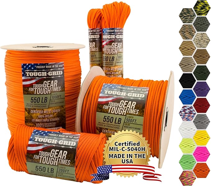 TOUGH-GRID 550 Paracord, Type III Mil-Spec Nylon Rope - 1000 Ft Neon Orange Tactical Survival Cord