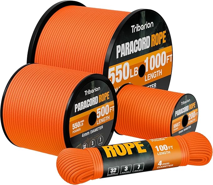 Paracord Rope 550 lb - 1000ft 5/32" Parachute Cord 4MM 7-Strand para Cord - Heavy Duty Spool String for Survival,Camping Gear, Survival Bracelet, Clothesline - Orange
