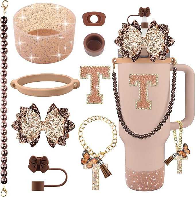9PCS Brown for Stanley Cup Accessories Set Bling Initials Bow Charms for Stanley Decorations 30/40 Oz Tumbler Accessories Including Bow Straw Topper, Handle Strap, Spill Stopper（Letter T）