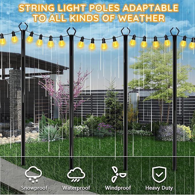 AHRLHR 2 Pack String Light Poles, Outdoor String Light Pole 10ft Forked Metal Light Pole with Adjustable Outdoor Light Stand, Deck, Backyard, Garden, Wedding, Rustproof and Sturdy with Hooks