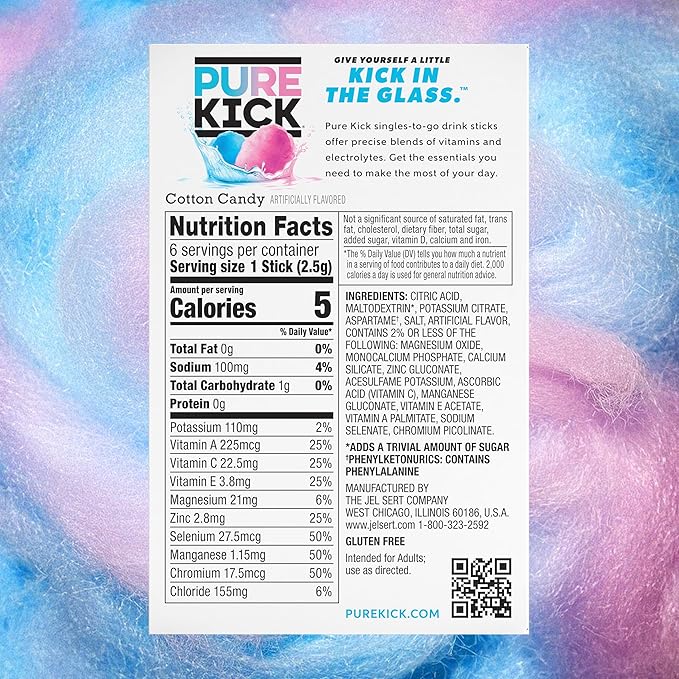 Pure Kick Hydration Singles To Go Drink Mix, Cotton Candy, Includes 12 Boxes with 6 Packets in each Box, 72 Total Packets