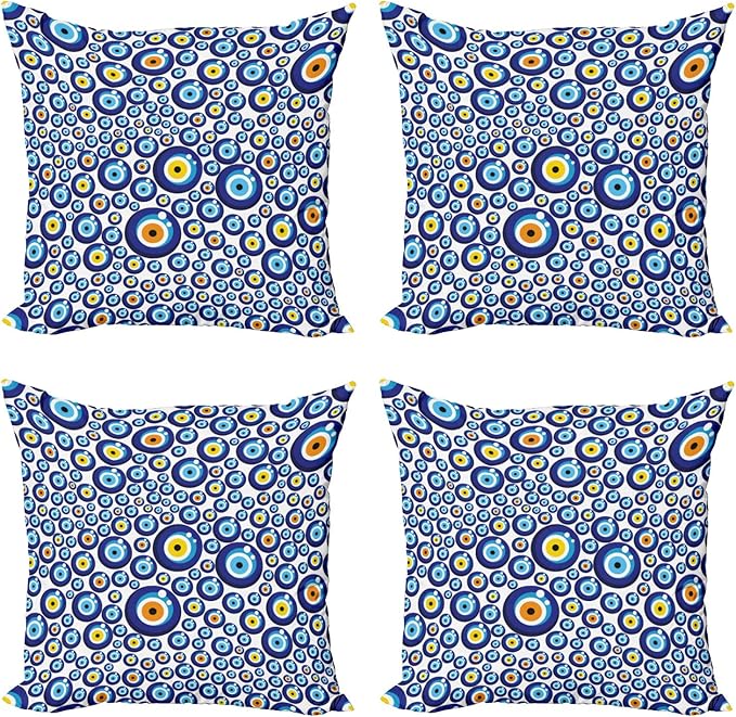 Ambesonne Evil Eye Throw Pillow Cushion Case Pack of 4, Traditional Turkish Luck Sign Symbol Pattern Vivid Bead Graphic Art, Modern Accent Double-Sided Digital Printing, 16", Orange Yellow
