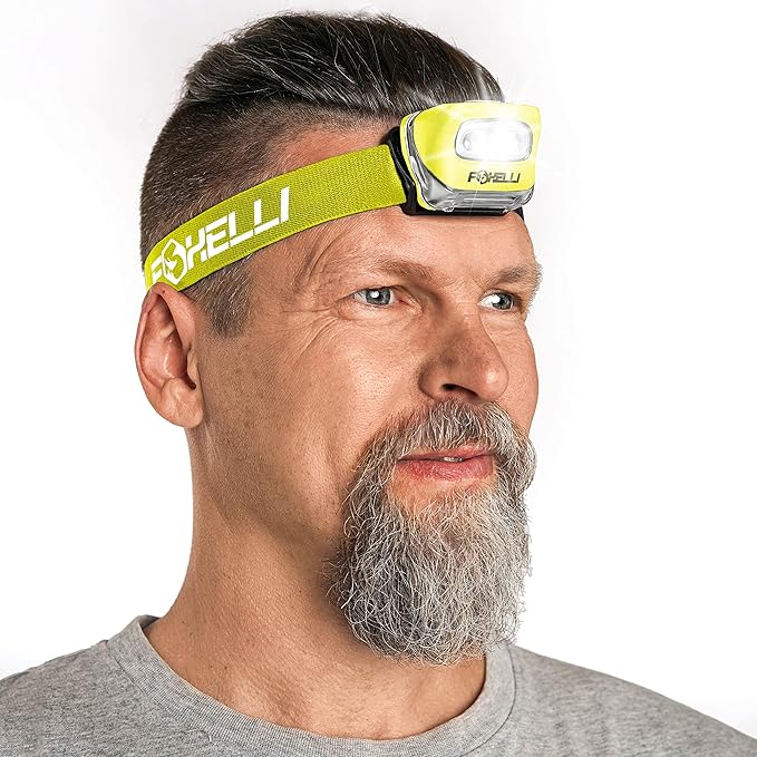 Foxelli LED Headlamp Flashlight for Adults & Kids, Running, Camping, Hiking Head Lamp with White & Red Light, Comfortable Headband, Lightweight & Waterproof, 3 AAA Batteries