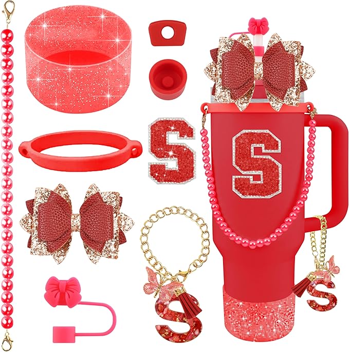 9PCS Red for Stanley Cup Accessories Set Bling Initials Bow Charms for Stanley Decorations 30/40 Oz Tumbler Accessories Including Bow Straw Topper, Handle Strap, Spill Stopper（Letter S）