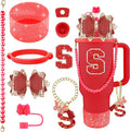 9PCS Red for Stanley Cup Accessories Set Bling Initials Bow Charms for Stanley Decorations 30/40 Oz Tumbler Accessories Including Bow Straw Topper, Handle Strap, Spill Stopper（Letter S）