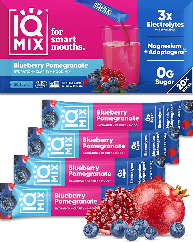 IQMIX Hydration Electrolyte Powder – 4-in-1 Formula for Hydration, Mental Clarity, Mood and Recovery – Sugar-Free Drink Mix, Keto, Magnesium L-Threonate, Lion’s Mane – 20 Count Blueberry Pomegranate