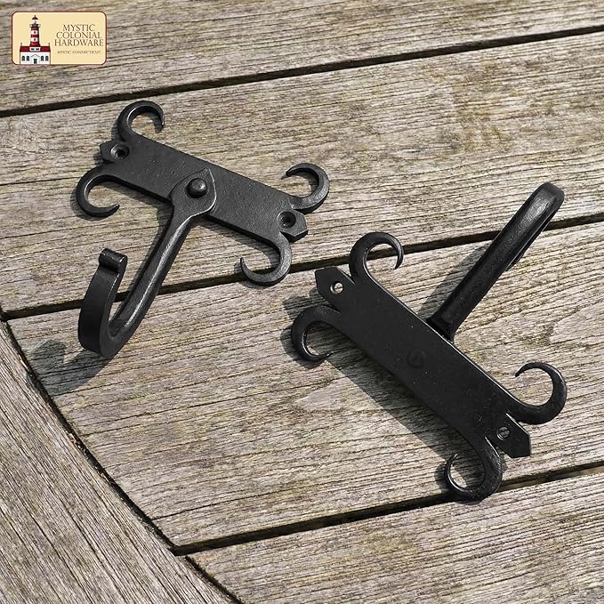 Mystic Colonial Rustic Cast Iron Wall Hooks, Heavy Duty Retro Utility Hooks for Hanging Coat, Bag, Towel, Robe, Hat and More, Mounting Hardware Included, Pack of 2