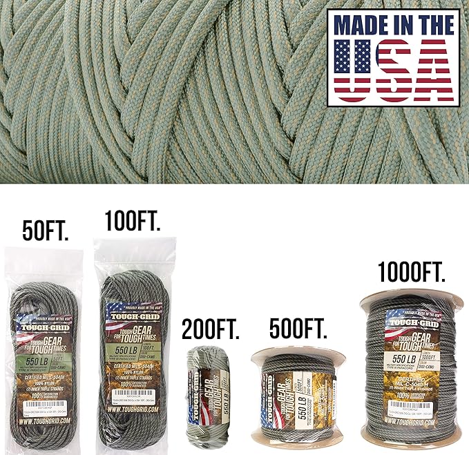 TOUGH-GRID 550 Paracord, Type III Mil-Spec Nylon Rope - 50 Ft Digi-Camo Tactical Survival Cord