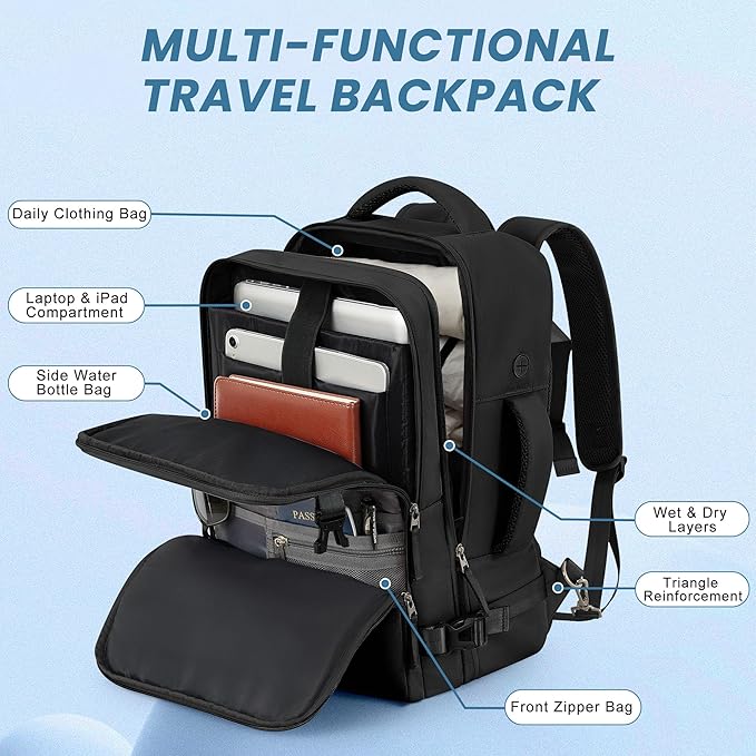 Sinaliy Travel Backpack for Men Women, Personal Item Travel Bag with Multi-Pockets, Airline Approved Carry on Backpack Fits 16inch Laptop, Waterproof Casual Backpack for College,Travel, Work