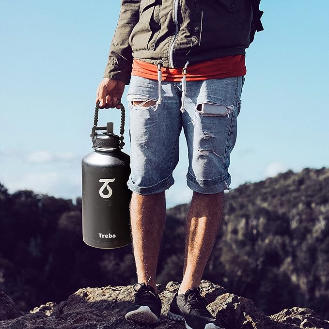 Trebo One Gallon Water Bottle Insulated with Paracord Handle,128oz Large Vacuum Triple Wall Stainless Steel Insulated Jug with Straw Spout Handle Lids, Leakproof Keep Cold & Hot,Black