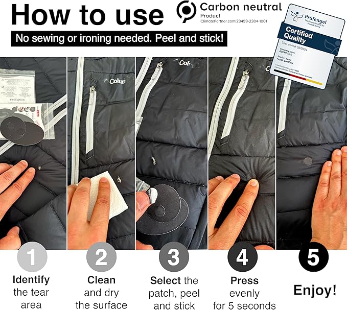aZengear Repair Patches - Waterproof, Self-Adhesive, Tear-Cold-Heat-Resistant Polyester Fabric to Fix Down Jacket, Puffer, Snowsuit, Shoe, Tent, PVC, Clothing, Upholstery (Graphite)