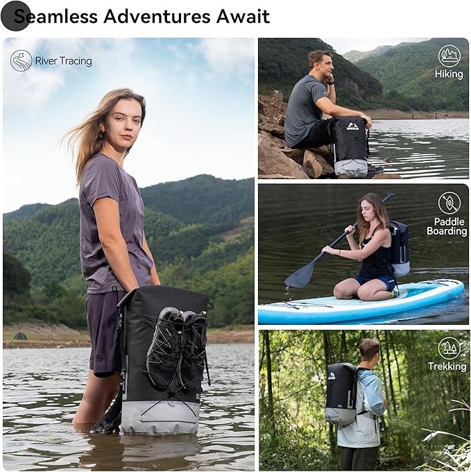 MARCHWAY Floating Roll Top Dry Bag, Flexible Lightweight TPU Waterproof Backpack 20L/30L/40L with Padded Straps for Boating, Kayaking, Swimming, Hiking, Beach (Black, 40L)