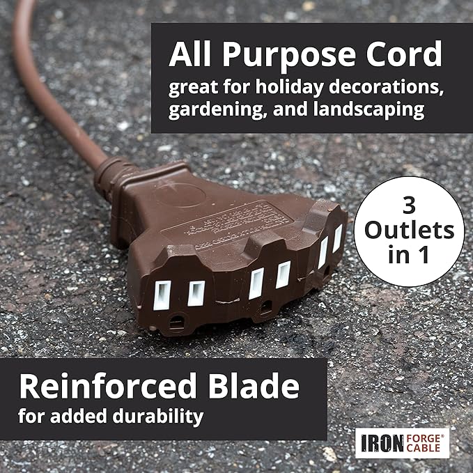 Iron Forge Cable 10ft Brown Outdoor Extension Cord with 3 Outlets - 16/3 SJTW 10ft Extension Cord 3 Prong, 13 Amp All-Weather Heavy Duty Power Cable