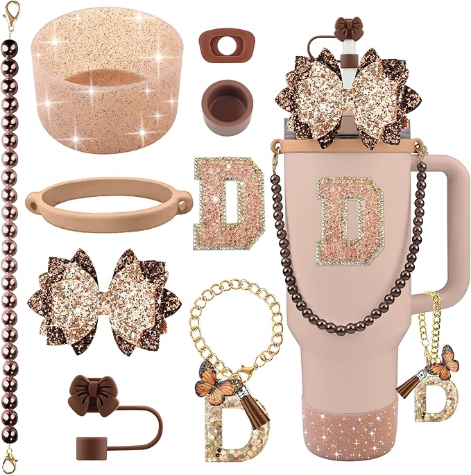 9PCS Brown for Stanley Cup Accessories Set Bling Initials Bow Charms for Stanley Decorations 30/40 Oz Tumbler Accessories Including Bow Straw Topper, Handle Strap, Spill Stopper（Letter D）