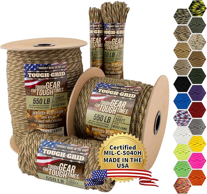 TOUGH-GRID 550 Paracord, Type III Mil-Spec Nylon Rope - 50 Ft Mixed Camo Tactical Survival Cord
