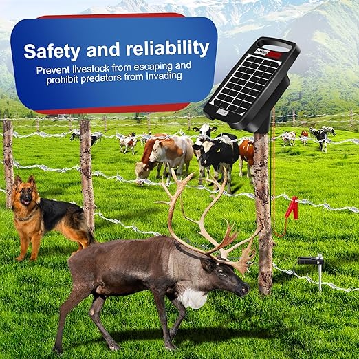 5 Miles Solar Powered Electric Fence Charger – 0.11J Output, 24/7 Day/Night Protection, Portable Fence Energizer for Dogs, Chickens, Garden & Livestock, Rechargeable Solar Panel, Rugged & Waterproof