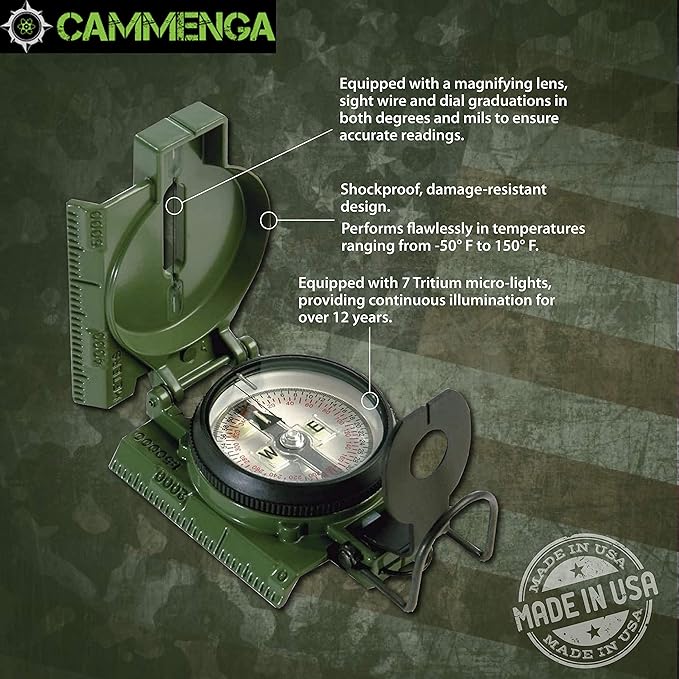 Cammenga Official US Military Tritium Lensatic Compass, Accurate Waterproof Hand Held Compasses with Pouch for Hiking Camping Navigation Survival Backpacking Orienteering