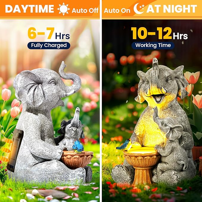 GIGALUMI Solar Garden Statues Bird Bath Elephant 9", Loving Elephant Decor, Yard Decorations Outdoor, Elephant Figurine Lights for Outside, Garden Decor Unique Housewarming Gifts for Women, Mom