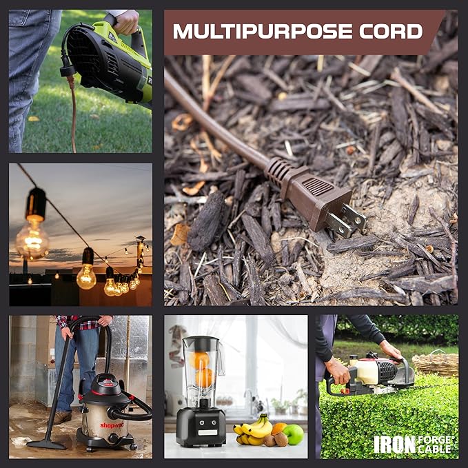 Iron Forge Cable 2 Prong Outdoor Extension Cord 25 ft, 16/2 SJTW 25 Foot Brown Extension Cord, Weatherproof - Great for Outdoor Lights, Deck, Patio