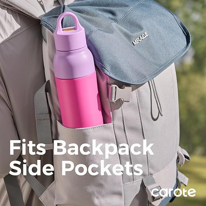 CAROTE 19 oz One-Click Open Insulated Water Bottle & 21 oz Tumblers with Lid and Straw, Double-Wall Insulated Stainless Steel, Leakproof Lid with Handle, Essential for Travel, School(Rose Pink)