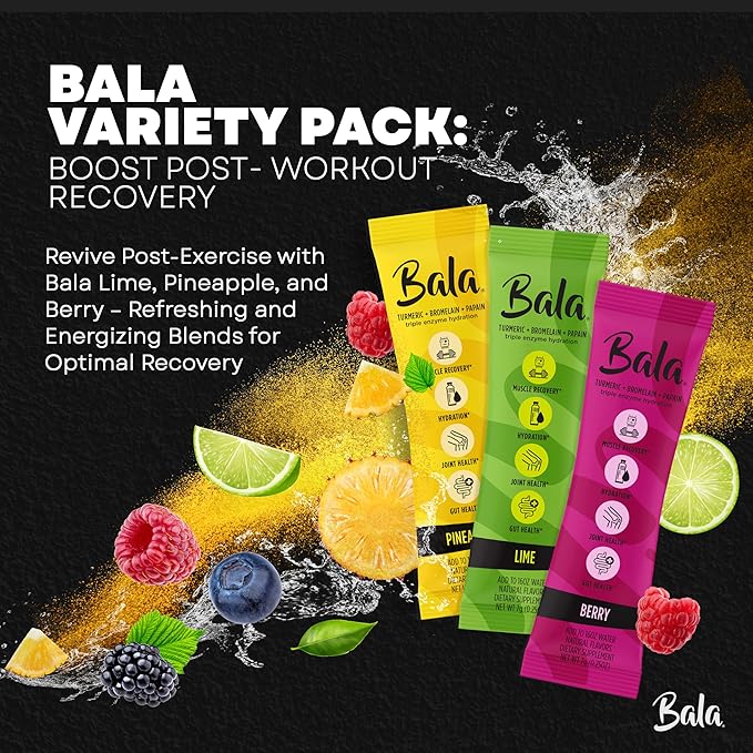 Bala Total Body Wellness Drink Mix, Hydrate & Recover Variety Pack, Pineapple, Lime & Berry, 10 Per Flavor, Zero Sugar Electrolytes Powder Packets with Enzymes & Amino Acids, Turmeric Drink, 30 Sticks